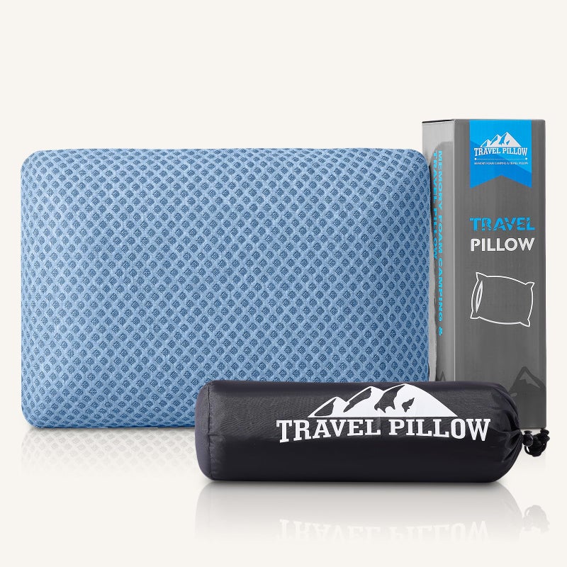 PEUJEW Travel Pillow Memory Foam Pillows, Camping Pillow-Compressible Medium Firm, Breathable Cover, Ideal Backpacking Hiking, Bed Pillows, Airplane and Car (Blue, M) - Image 1